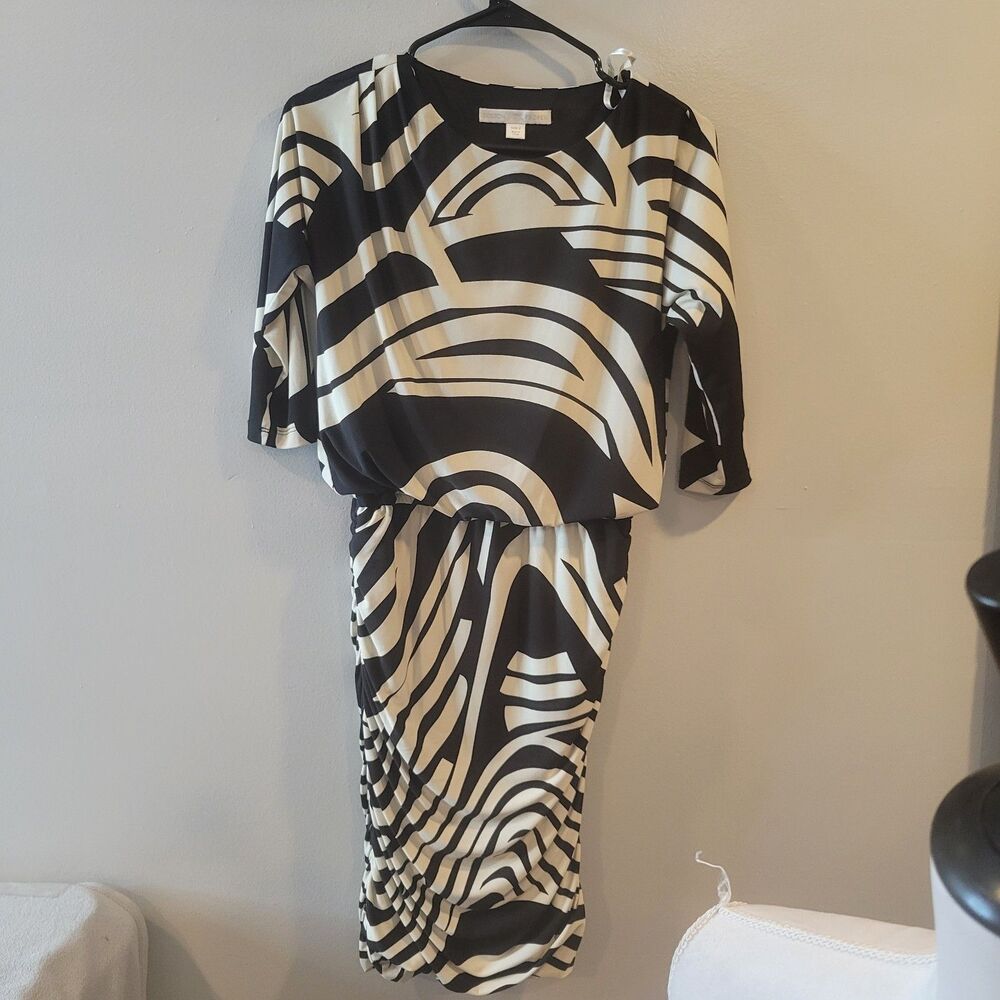Boston Proper Blurred Lines Ruched Dress Black Beige Size 2
